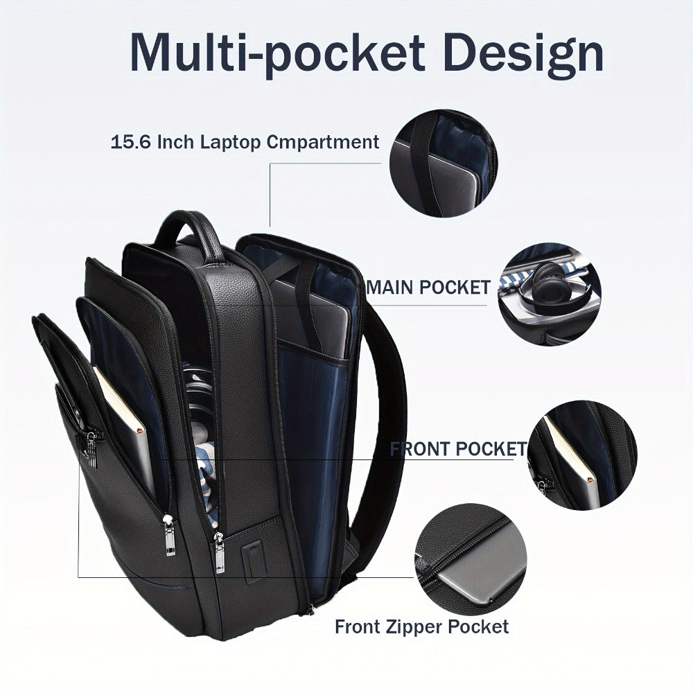 Genuine Leather Laptop Backpack for Men Fit 15.6 Inch Laptop, Business Work Office College Medium Backpack with USB Charging Port, High Quality Black Travel School Bag