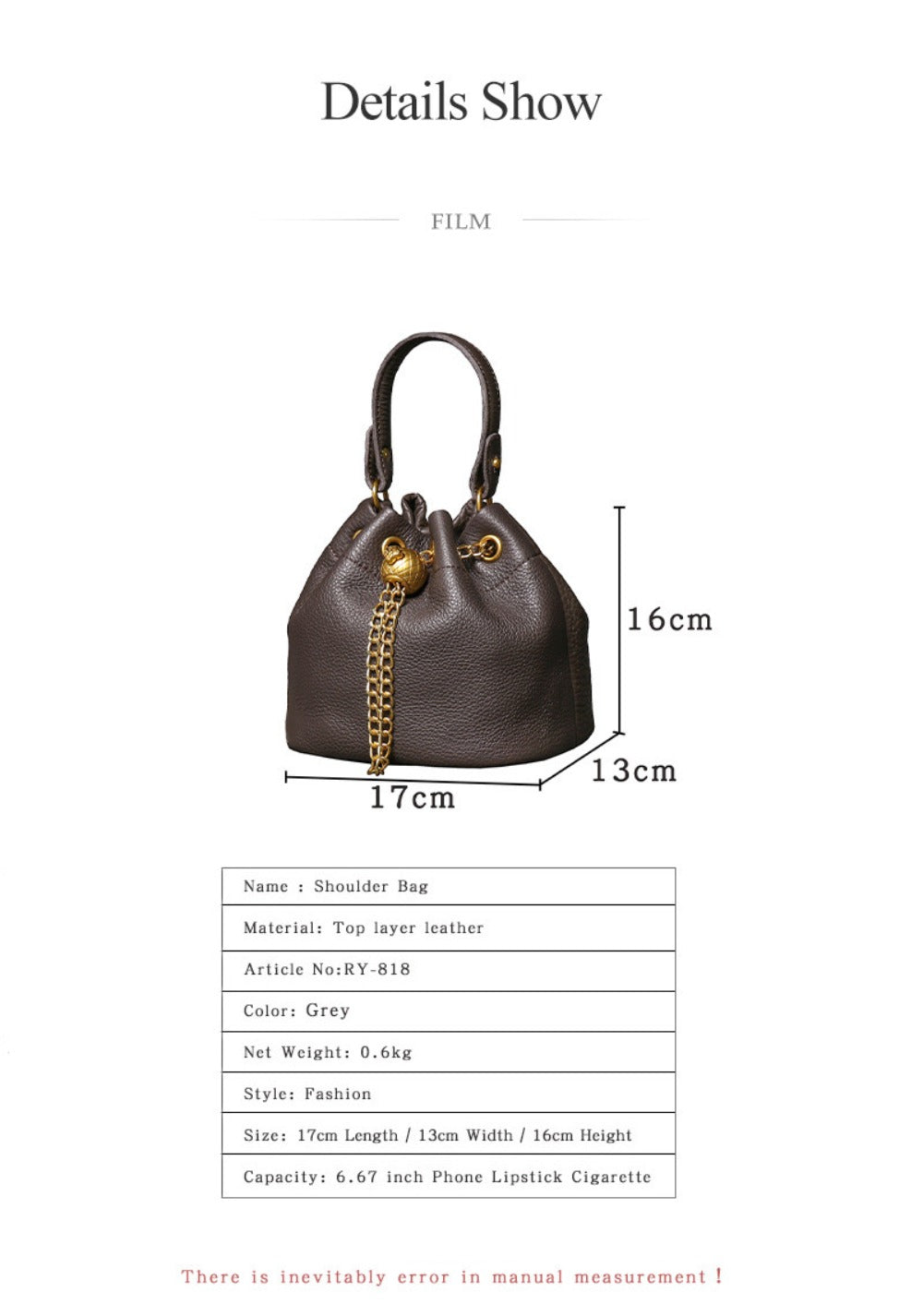 Handmade Top Layer Cowhide Makeup Bag Fashionable Casual Versatile Genuine Leather Bucket Bag for Women, Ladies High-Quality Soft Genuine Leather Chain Bag Luxury Style Design Bag  Crossbody Shoulder Bag with Chain Strap, Elegant Handbag Purse