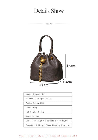 Handmade Top Layer Cowhide Makeup Bag Fashionable Casual Versatile Genuine Leather Bucket Bag for Women, Ladies High-Quality Soft Genuine Leather Chain Bag Luxury Style Design Bag  Crossbody Shoulder Bag with Chain Strap, Elegant Handbag Purse