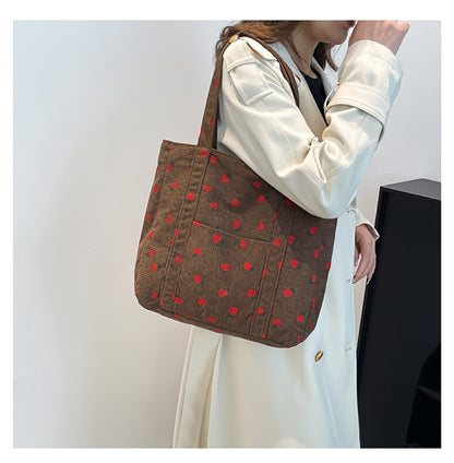 Women' Large Capacity Corduroy Tote Bag with Strawberry Pattern - /// Casual Handbag, Zipper Closure & - Corduroy Shoulder Bag for, Travel, Shopping