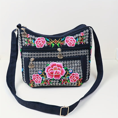 Retro Bohemian Flower Pattern Shoulder Bag, Classic Retro Zipper Crossbody Bag, Birthday Gift for Mom