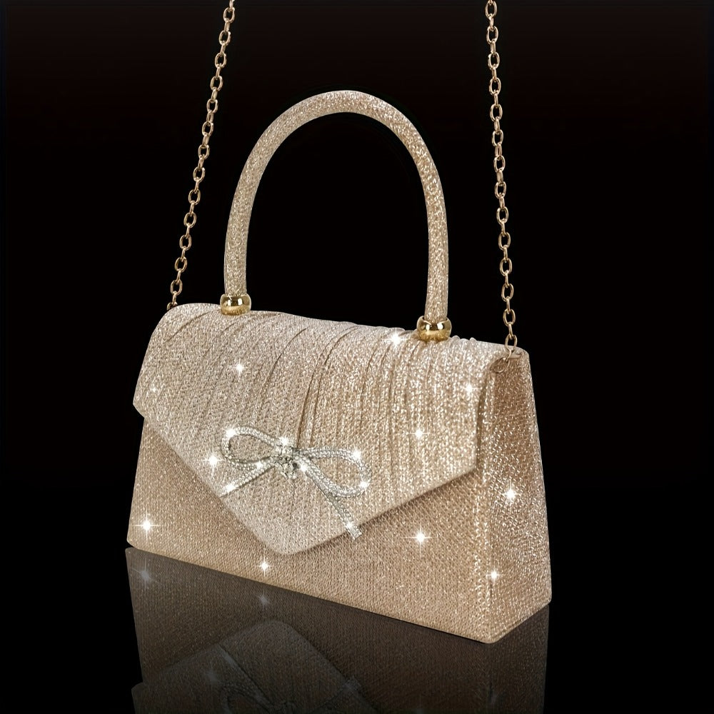 [Elegant Sequin Clutch Set] Elegant Champagne Sequin Clutch with Rhinestone Bow - Matching Rhinestone Earrings, Necklace & Bracelet Set | Ideal Valentine's Day Gift for Women, Party Accessory | Detailed Closure