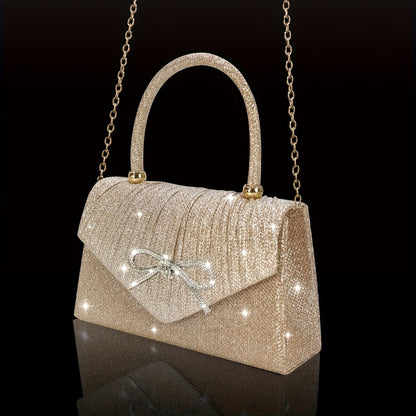 [Elegant Sequin Clutch Set] Elegant Champagne Sequin Clutch with Rhinestone Bow - Matching Rhinestone Earrings, Necklace & Bracelet Set | Ideal Valentine's Day Gift for Women, Party Accessory | Detailed Closure