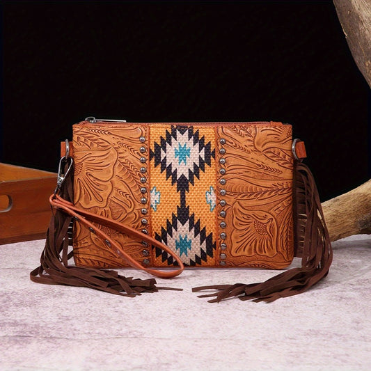 Western Fringe Crossbody Bag Purse for Women Shoulder Bag - PU & Woven Tassel Small Handbag for Shopping, Travel, Work, Dating Brown