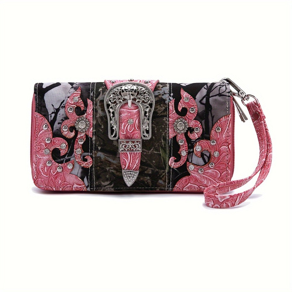 Western Style Camouflage Handbag, Concho Buckle Tooled Floral Country Studs Crossbody Women's Handbag, Backpack, Wallet Set, Ideal Christmas Gift