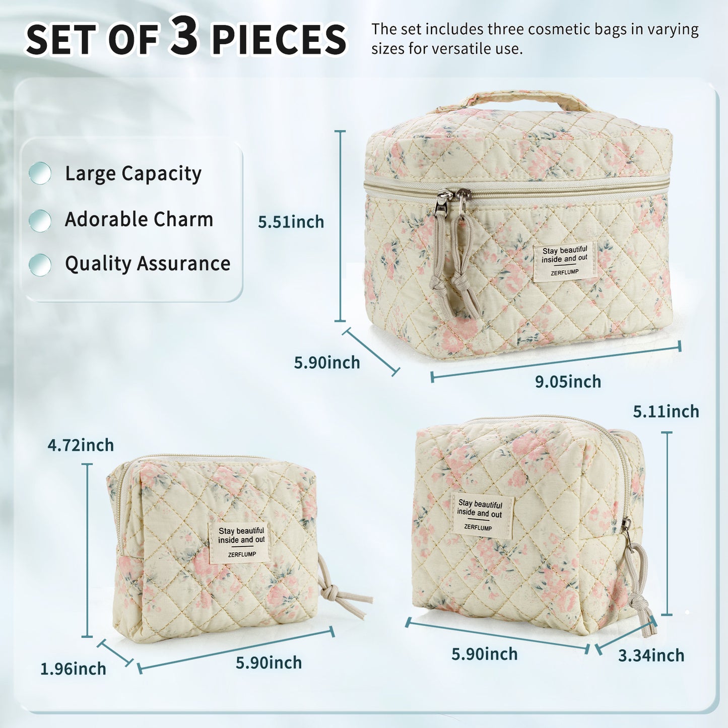 Cute Quilted Floral Makeup Bag (3Pcs)Coquette Aesthetic Cosmetic BagTravel Toiletry Bags Kawaii Aesthetic pouch for Women
