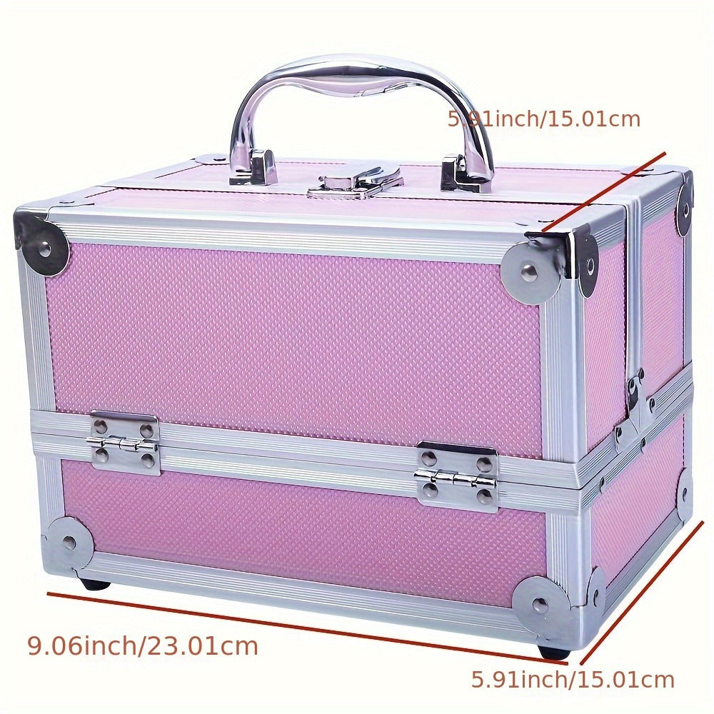 Aluminum Makeup Case - Train Case Jewelry Box Cosmetic Organizer with Mirror & Trays, Handheld Makeup Case with Handle