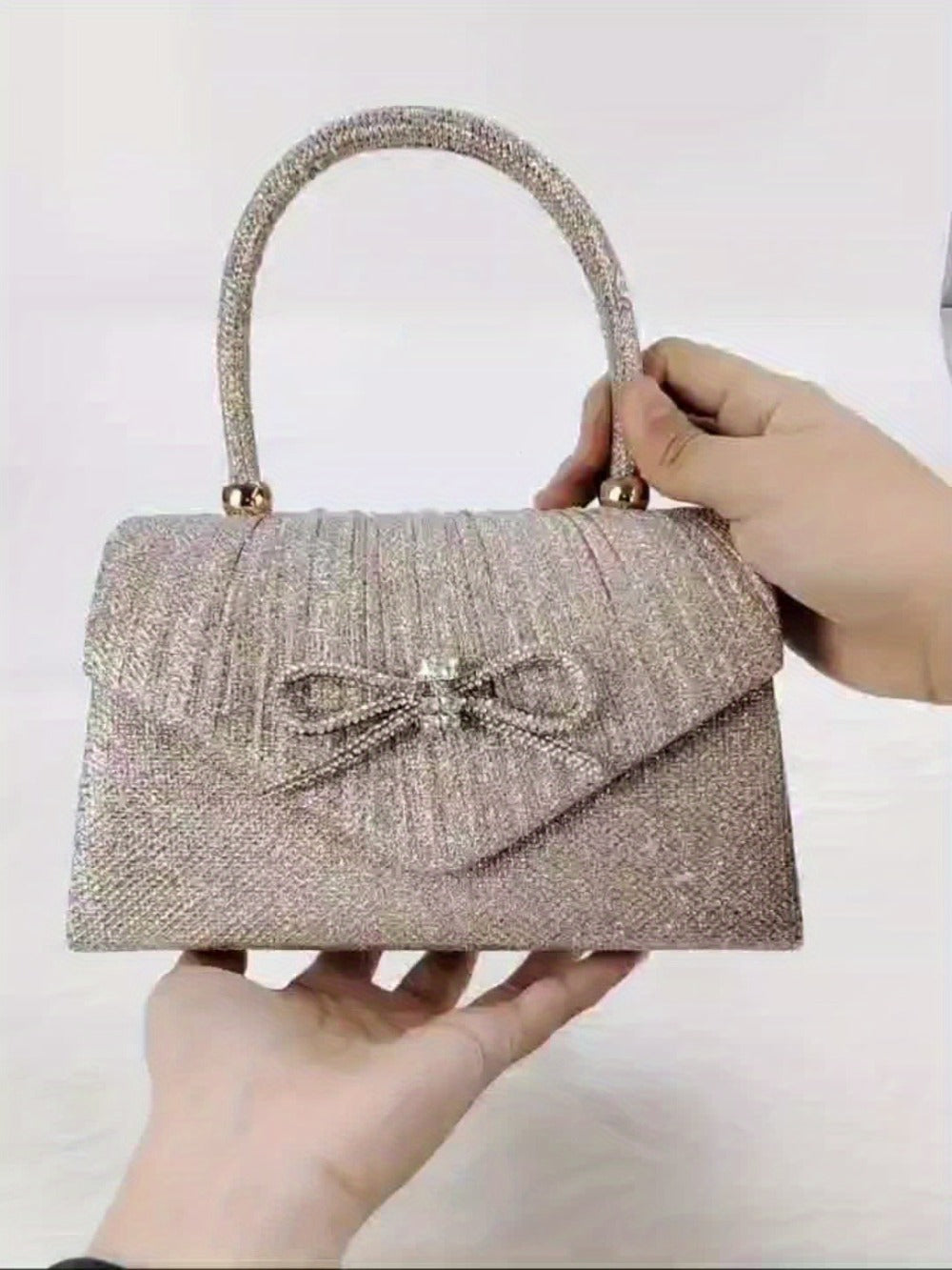 [Elegant Sequin Clutch Set] Elegant Champagne Sequin Clutch with Rhinestone Bow - Matching Rhinestone Earrings, Necklace & Bracelet Set | Ideal Valentine's Day Gift for Women, Party Accessory | Detailed Closure