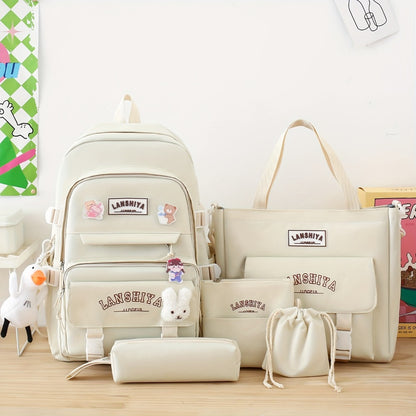 5pcs Solid Color Backpack Set in Material, Large Capacity Double-Shoulder Bag, Easy Tote, Pencil Bag, Casual Crossbody, Lightweight Student Backpack Set with Ducky Charm, 3 Badges, And Rabbit Charm, Position Print, Cute Style, for School Use