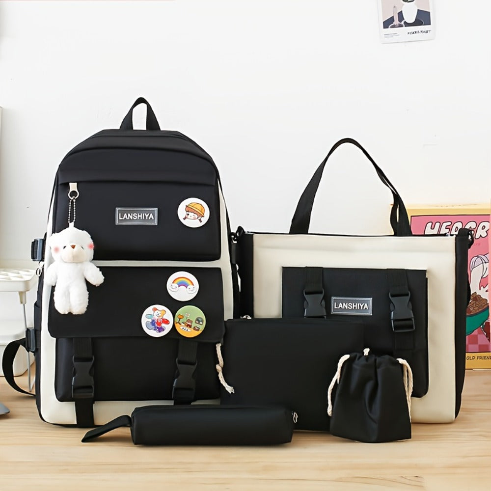Set of 5 School Bags, Adorable Backpack Featuring a Plush Bear And Badge, Along with a Coin Purse, Pencil Case, Handbag Storage Pouch, And Crossbody Bag