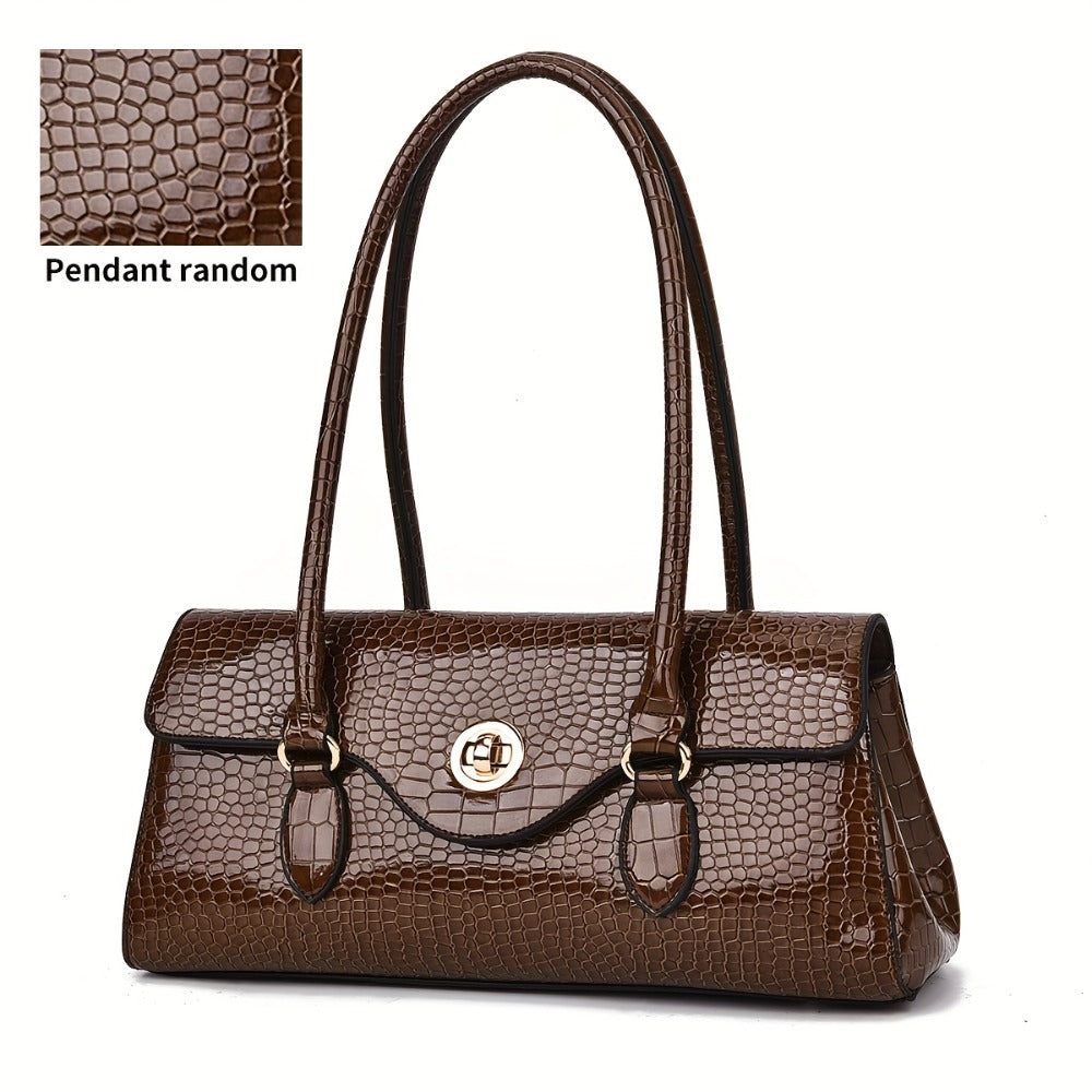Women's Handbag, Shoulder Bag, and Tote Bag with High-Gloss Crocodile-Embossed Textured Pattern, Randomly Cut, Shoulder Bag, Crossbody Bag, Tote Bag with Metal Round Lock Clasp