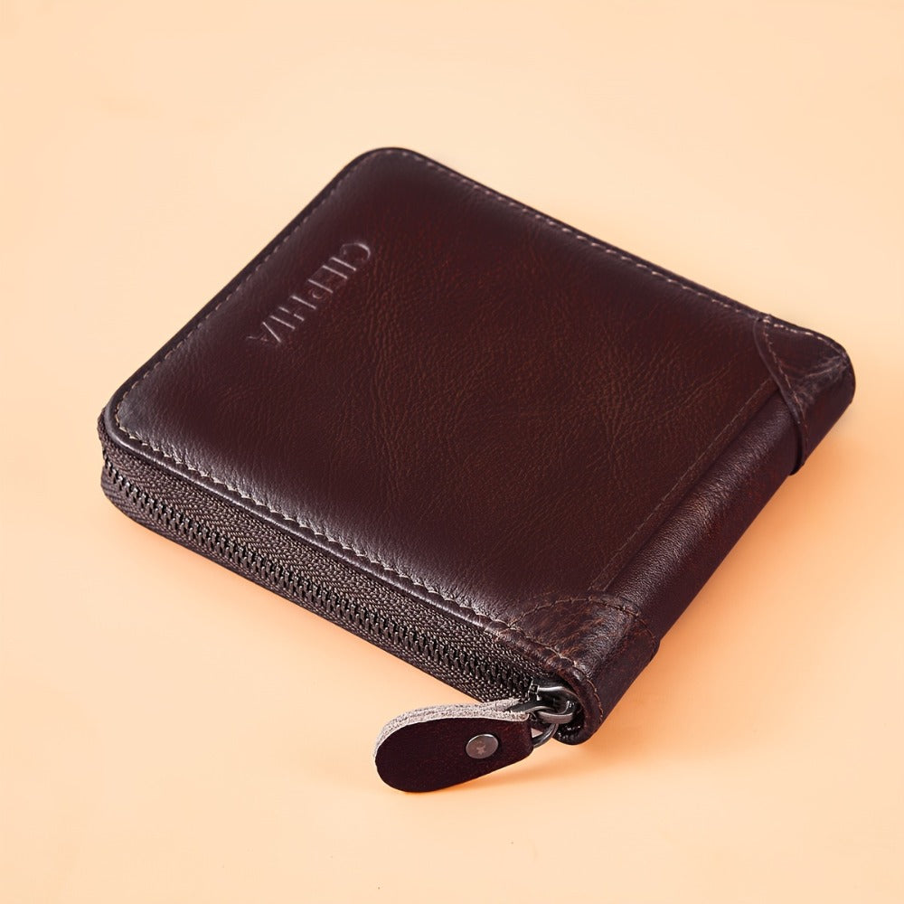 Men'S Genuine Leather Zipper Wallet RFID Secure Large Capacity Double Fold Multi-Card Top Layer Leather Wallets for Men And Coin Purse Christmas Father'S Day/Valentine'S Day/Anniversary Gift The Set Includes a Greeting Card