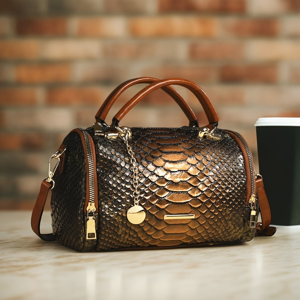 2pcs Retro Snake-Print Boston Bag - Large Capacity Crossbody/Handbag with Detachable Strap, Deep ///, Elegant Animal Pattern Handbags for & Travel, Durable & Easy Maintenance Suitable for Fashion