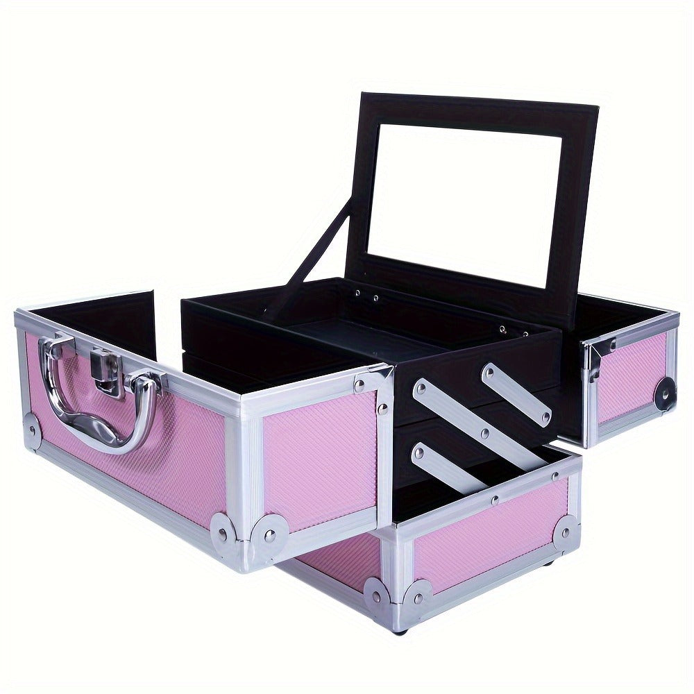 Aluminum Makeup Case - Train Case Jewelry Box Cosmetic Organizer with Mirror & Trays, Handheld Makeup Case with Handle