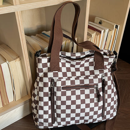 Checkerboard Tote Bag, Fashionable Commute, Versatile Large-Capacity Handbag, Casual Corduroy Shoulder & Crossbody Bag.