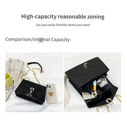 Pink Snake Print Crossbody BagFor Women, Stylish Women's Crocodile Pattern Handbag - Black Shoulder Bag With Detachable Strap Golden-Tone Hardware & Chain Strap, Crossbody Bag Purse Christmas Bags For Gifts Christmas Gift Bags