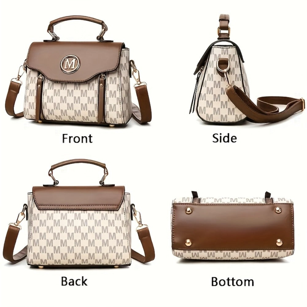 Retro Geometry Women'S Handbag - Large Capacity PU Shoulder Bag with Golden Hardware, Herringbone Pattern, And "M" Letter Design, Detachable Shoulder Strap, Suitable for Daily Use (Light Brown/ White/ Black)