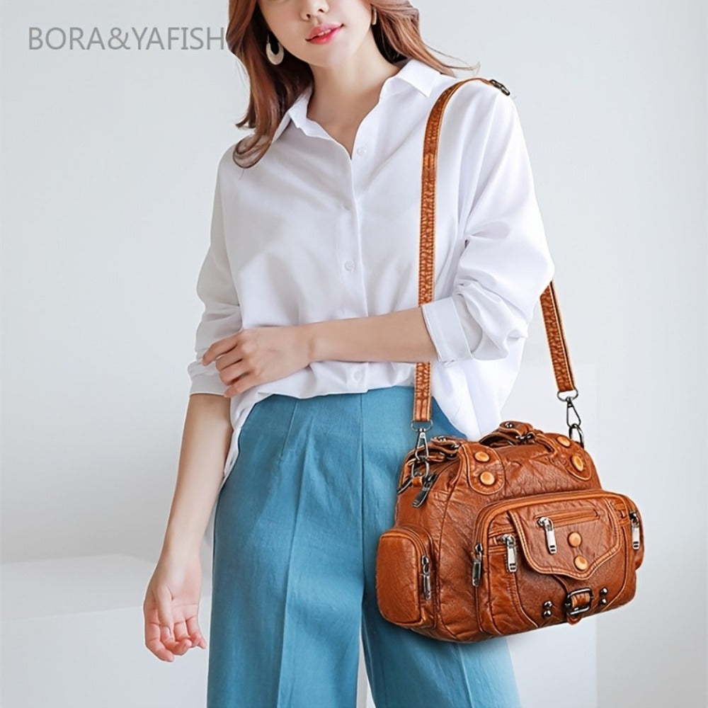 Women'S Colorblock Studded Washed PU Soft Handbag | Large Capacity Multi-Layer Top Handle Shoulder Crossbody Bag, Zipper Closure, Lining, Solid Color Pattern