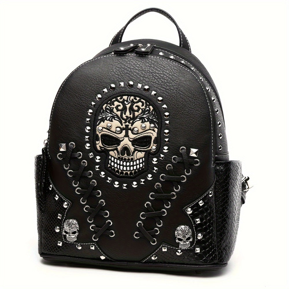 Sugar Skull Punk Art Studded Motorcycle Wallet Women's Fashion Backpack Python Backpack Crossbody Bag Wallet Set, Black Set, Ideal Christmas Gift