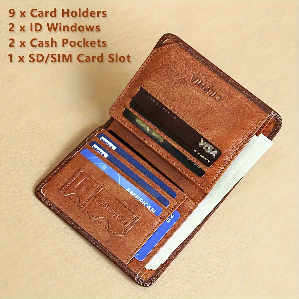 1pc Men's Genuine Leather Zipper Wallet, Top Layer Cowhide RFID Blocking Wallet, Vintage Multi-functional Wallet with 2 ID Card Windows, Ideal Gift for Men