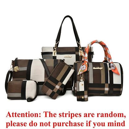 [Best Birthday Gifts] 6pcs Fashionable And Versatile Women's Bag, Trendy Contrasting Color Large Capacity Handbag Bag, Checkered Tote Bag, Shoulder Crossbody Bag, Coin Purse, The Stripes Are Random, Suitable For Any Outdoor Scene For Best Birthday Gifts