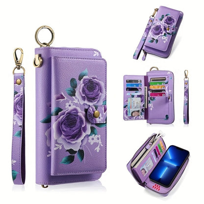 1 Random Floral Pattern Wallet (Purple Floral Design with Random Placement), Featuring Elegant Wristlet Design, Large Capacity Long Zipper Clutch, Multi-Card Slots Coin Purse, Women'S Multi-Functional Travel Wallet