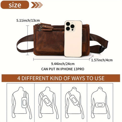 Stylish Retro Authentic Leather Hip Bag, Slim Phone Pouch, Vintage Crossbody Purse
