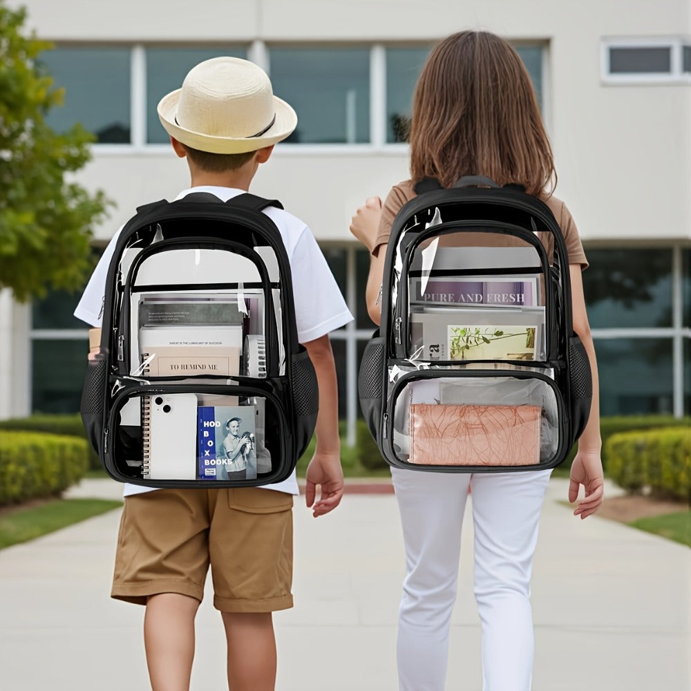 Transparent Backpack Made of Fabric And PVC, Featuring a Reinforced Strap Suitable for Both Women And Men. This Heavy-Duty Clear Bookbag Offers Ample Space for Travel And Security, in a Black Color