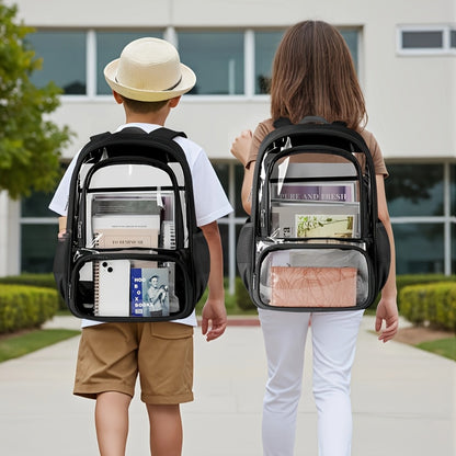 Transparent Backpack Made of Fabric And PVC, Featuring a Reinforced Strap Suitable for Both Women And Men. This Heavy-Duty Clear Bookbag Offers Ample Space for Travel And Security, in a Black Color
