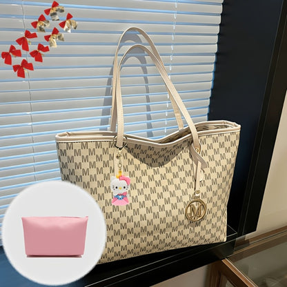Sanrio Women'S Large Capacity Tote Bag, with Small Pink Bag And Decorative Bow, Zipper Closure Design, 3pcs/4pcs, Fashion Letter Print Shoulder Bag, Handbag for Daily Casual Travel Commute