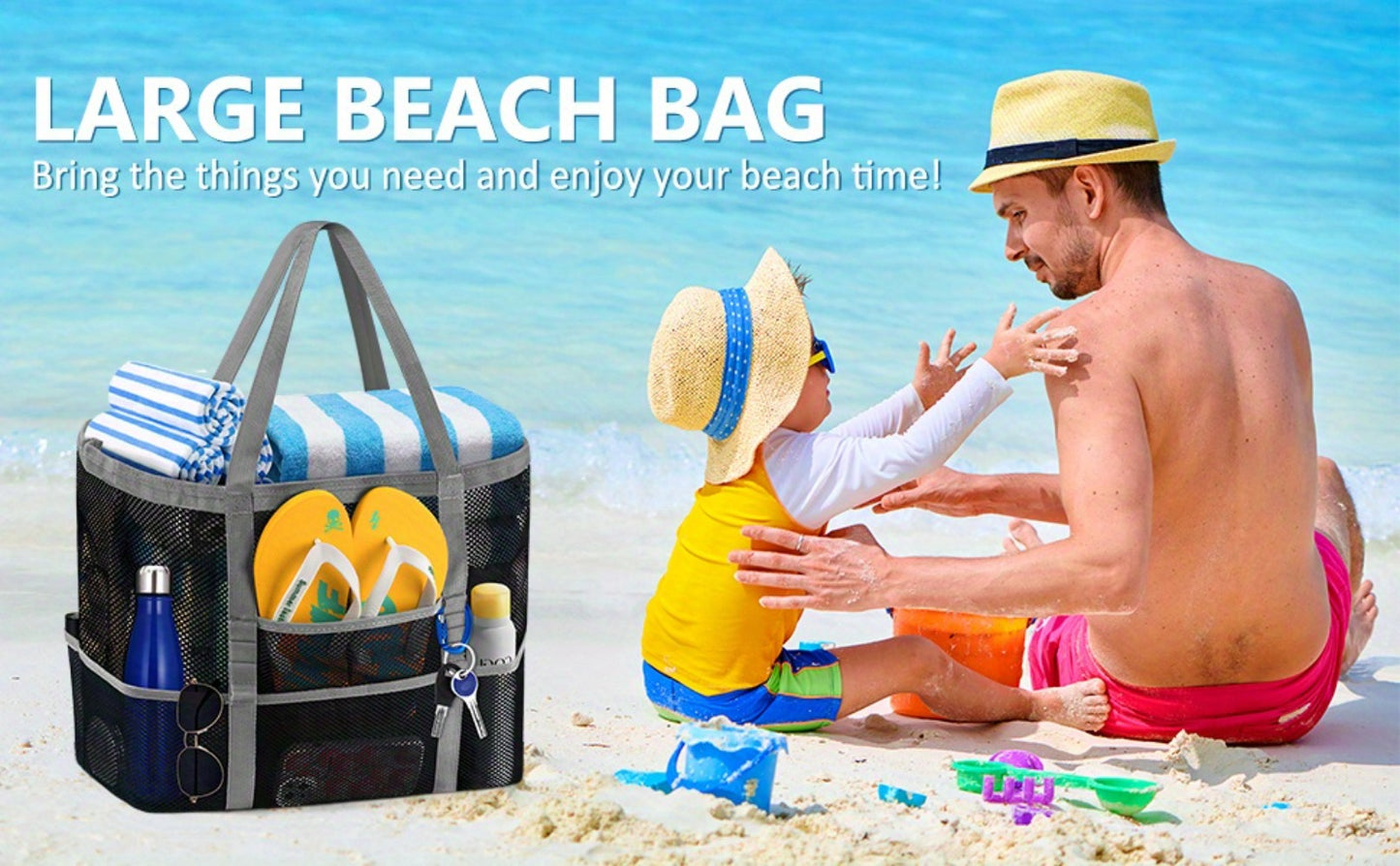 One Extra-Large Mesh Beach Tote Bag That Is Foldable And Easy to Carry, Perfect for Pool Outings, Boat Trips,, And Vacation Necessities. This Lightweight Swim Bag Features a Zipper And Additional Pockets for Organizing Your Essentials