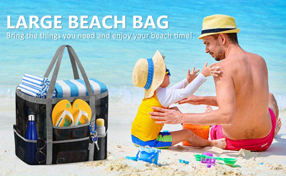 One Extra-Large Mesh Beach Tote Bag That Is Foldable And Easy to Carry, Perfect for Pool Outings, Boat Trips,, And Vacation Necessities. This Lightweight Swim Bag Features a Zipper And Additional Pockets for Organizing Your Essentials