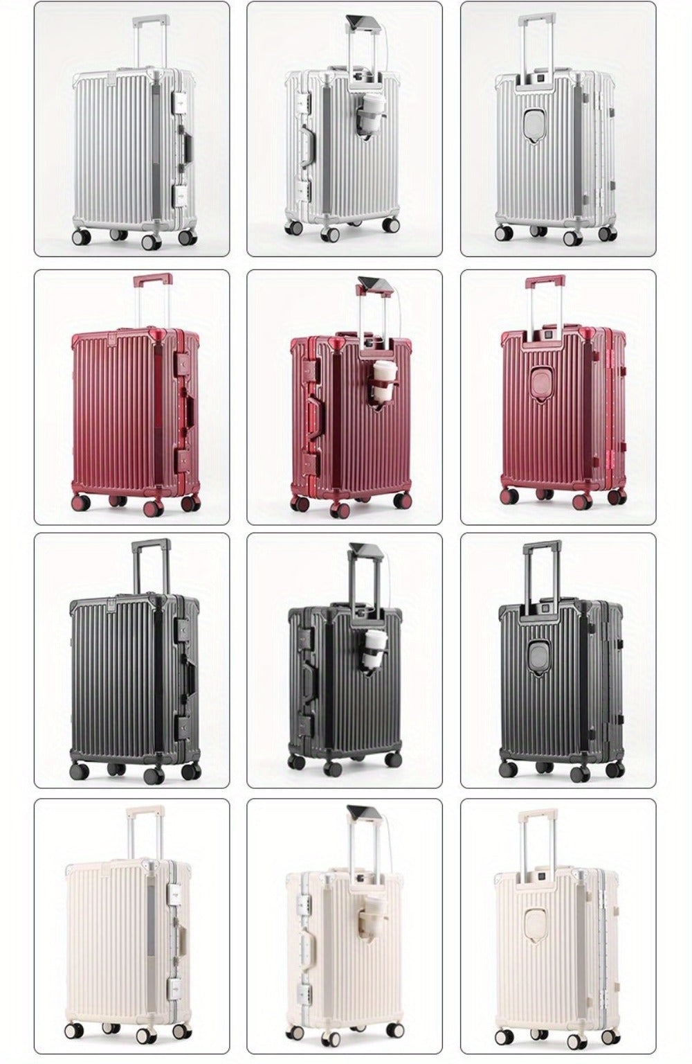 Multifunctional Aluminum Alloy Frame Suitcase, ABS+PC Material Suitcase, Scratch-resistant And Wear-resistant. Foldable Cup Holder And Side Stand Foot Hook, TSA Customs Password Lock. Universal Wheel, Internal Compartment And Compression Belt Design
