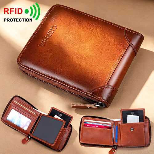 Men'S Genuine Leather Zipper Wallet RFID Blocking Large Capacity Double Fold Multi-Card Top Layer Leather Wallets for Men And Coin Purse