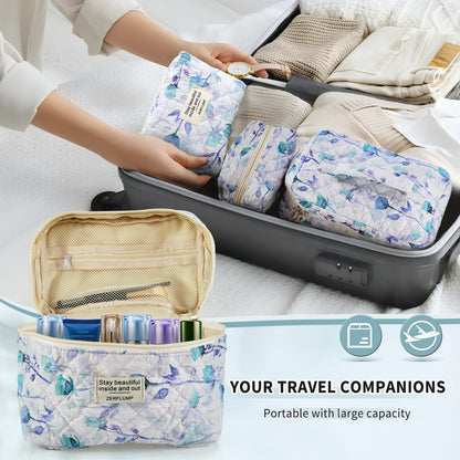 Cute Quilted Floral Makeup Bag (3Pcs)Coquette Aesthetic Cosmetic BagTravel Toiletry Bags Kawaii Aesthetic pouch for Women
