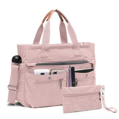 Corduroy Tote Bag Set (2PCS) for Women, Laptop Work Bags Crossbody Shoulder Hobo Messenger Handbag Purse Travel Gym Totes