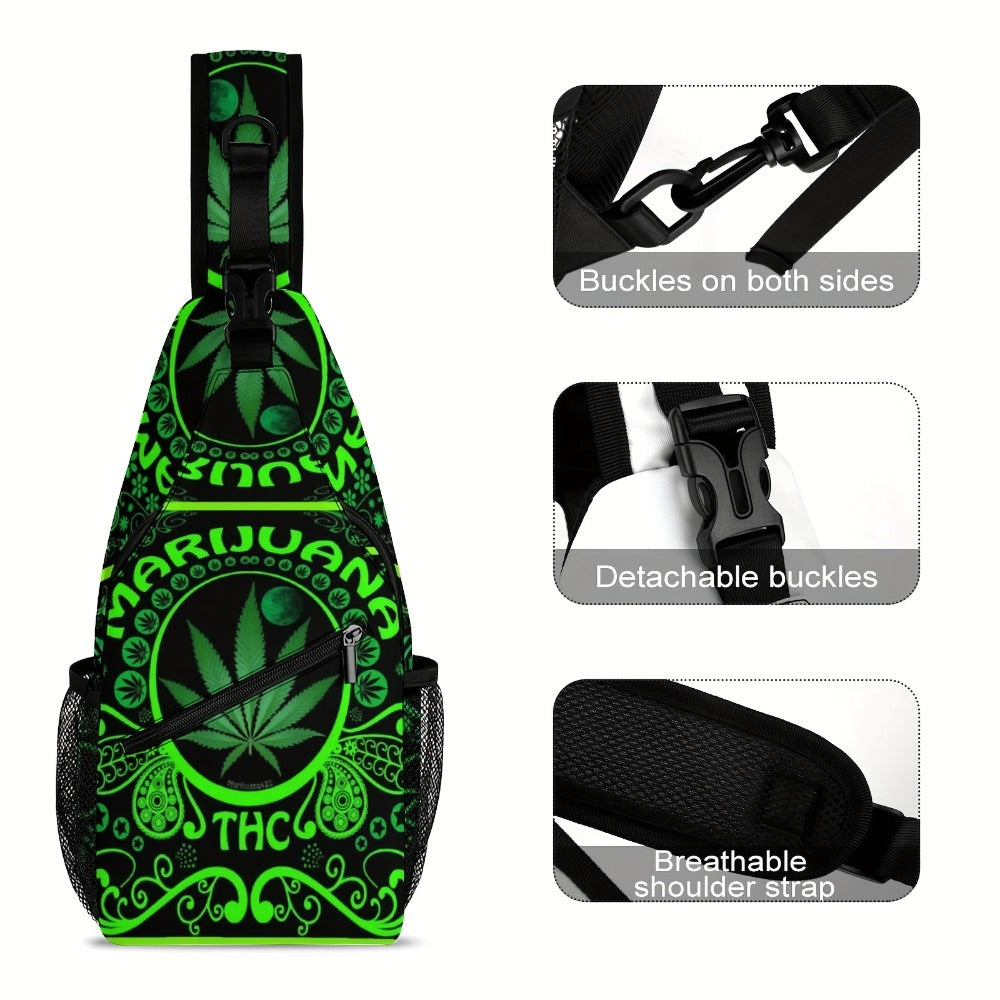 Green Leaf Flag Weeds Large Men'S Crossbody Bag, Chest Bag, Stylish And Durable, Casual And Versatile Chest Bag, with Zipper, Suitable for Leisure Vacation, Outdoor Sports And Daily Travel 2D Flat Printing