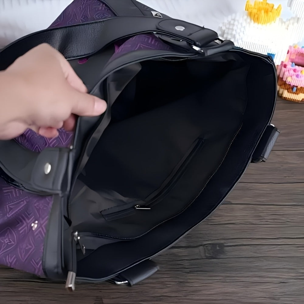 Genuine Hello Kitty Vintage Purple Tote Bag Featuring Black Accents - Y2K Gothic Aesthetic, Sturdy Nylon, Zipper Fastening, Multi-Functional Underarm Tote, Daily Use Tote Bag | Gothic Design Bag | Metal Earring Details, Retro Tote Bag