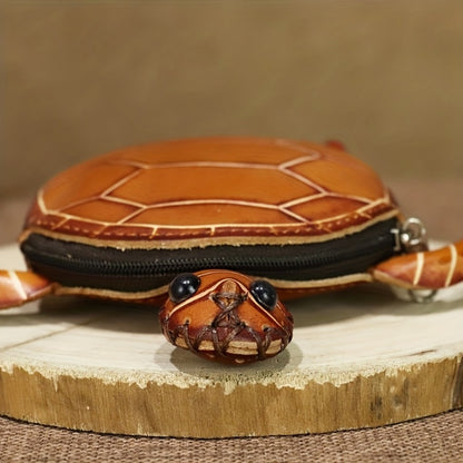Handcrafted Retro Turtle Coin Purse - Full-Grain Cowhide Genuine Leather, Removable Genuine Leather Wristlet, Zipper Closure, Multi-Compartment for Coins/Cards/Keys, Thoughtful Gift for Women Students Friends Family