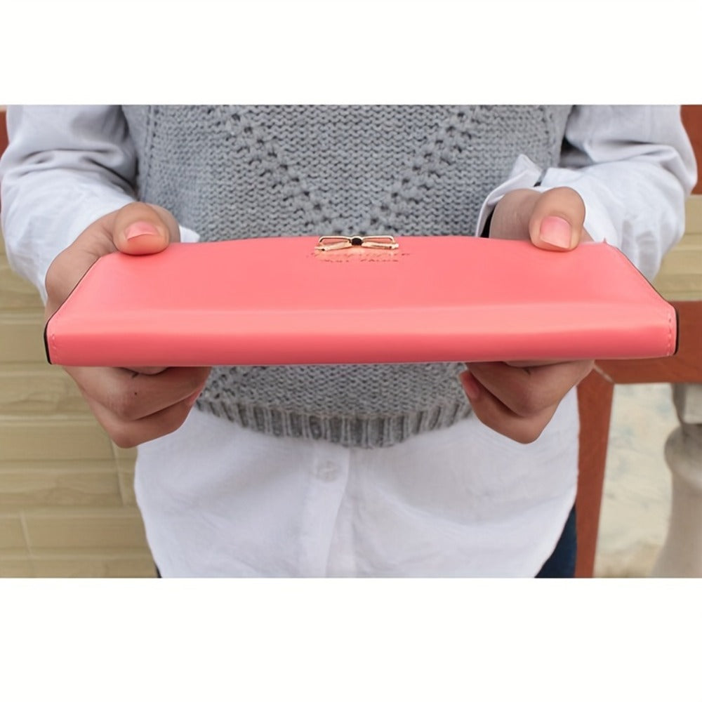 Fashion Cute Bowknot Long Wallet, Zipper Multi-card Clutch Coin Money Purse, Women's PU Leather Phone Handbag, Credit Card Holder