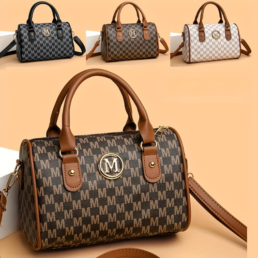 1pc New Single Shoulder Bag with M Logo Patch, with Removable Shoulder Strap, Boston Crossbody Bag, Unisex, Can Be Used As a Handbag, Phone Bag, Suitable for Gifts, Daily Travel, Shopping, Commuting