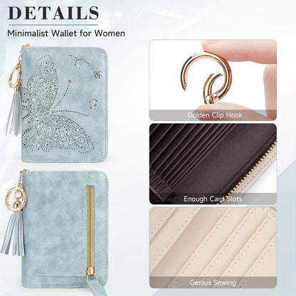 Wallet Women RFID Blocking Small Wallets With Cash Clutch Compact Bifold With Zipper Coin Pocket Ladies Credit Card Holder Glittery Butterfly Travel Purse With Tassel GREEN Mom Gift Tote Essential Daily