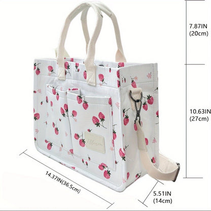 Tote Bag for Women Patched Purse Cute Shoulder Bag Multi-Pocket Satchel Handbag for Work Travel, Strawberry, Cherry, Daisy