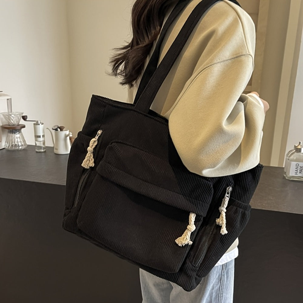 Spacious And Trendy Shoulder Bag for Women, Crafted from Corduroy Fabric. an Essential Addition to Your Wardrobe, It Includes Small Inner Pockets, a Zipper Closure, a Chic Minimalist Design for Underarm Wear, And Elastic Side Pockets