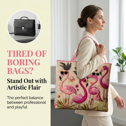 Flamingo with Sunglasses Quilted Applique Tote Bag, Tropical Summer Shoulder Purse for Women