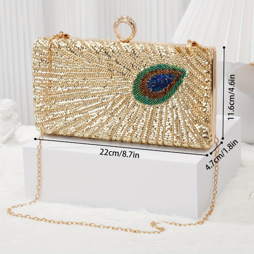 [Evening Clutch Purse] Vintage Beaded Sequins Rhinestone Evening Clutch Purse Luxury Peacock Feather Women Dinner Party Evening Bag Handbag for Wedding Formal