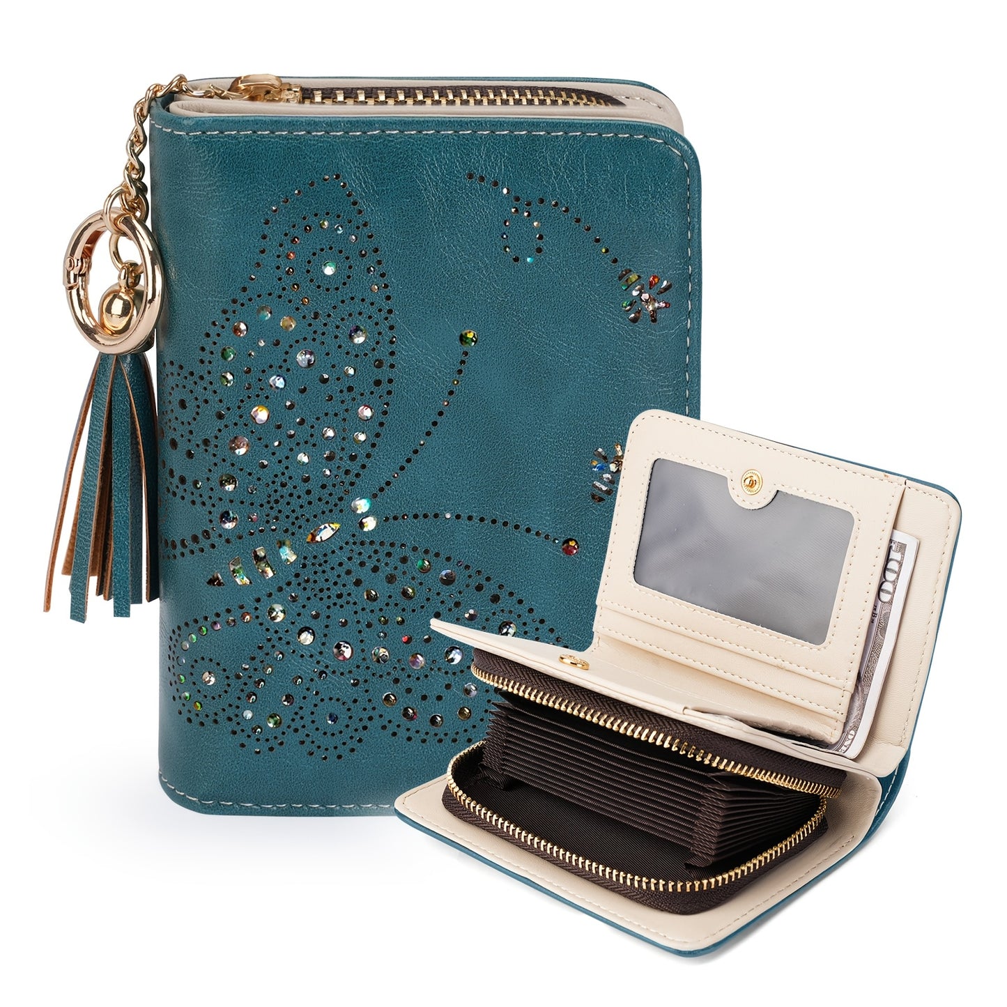 Women RFID Blocking Small Bifold Wallet, Compact Cash Clutch with Zipper Coin Pocket, Glittery Butterfly Design, Credit Card Holder, Travel Purse with Tassel Mom Gift Faux Leather Tote Zipper Daily