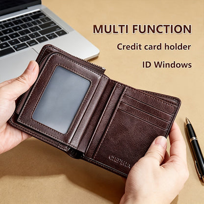 RFID Blocking Bifold Genuine Leather Wallets for Men with Zipper Coin Pouch, Top Layer Cowhide Vintage Multi Function Card Holder Wallet with 2 ID Windows