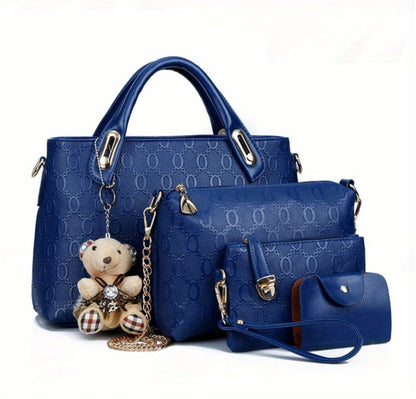 Women's Tote bag set, 4pcs bear pendant bag, large capacity tote purse crossbody bag