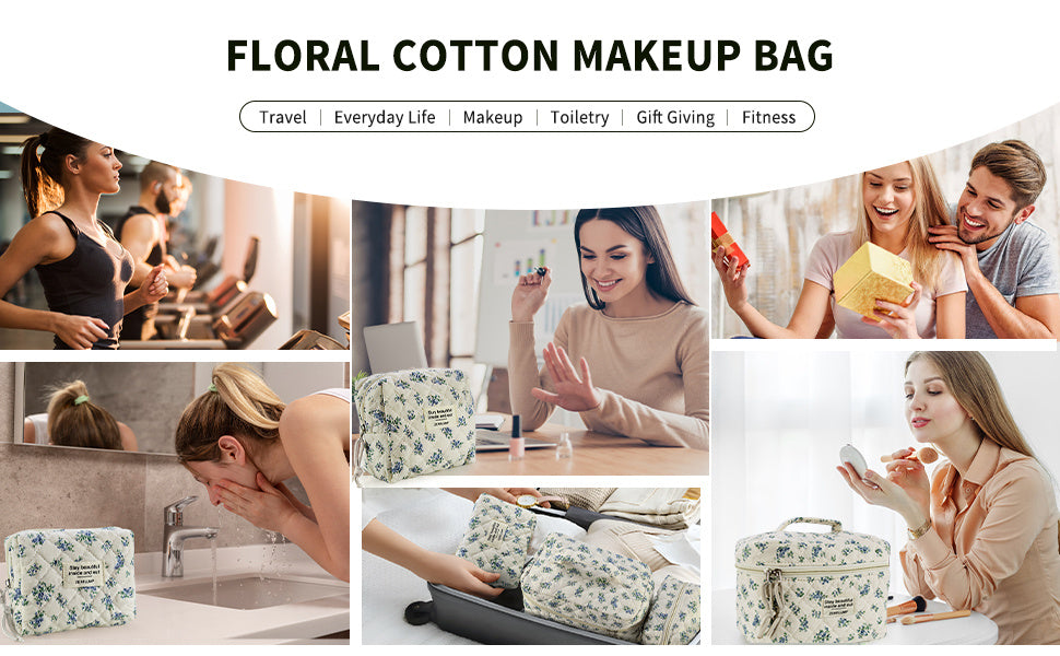 Cute Quilted Floral Makeup Bag (3Pcs)Coquette Aesthetic Cosmetic BagTravel Toiletry Bags Kawaii Aesthetic pouch for Women